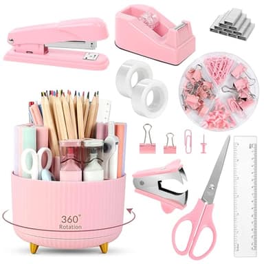 SKYDUE Pink Desk Accessories 10Pcs, Rotating Pen Holder for Desk, Stapler, Staple Remover, Tape Dispenser,2pcs Tape Refills, Binder Paper Clips Kit, Scissor,Pink Office School Supplies - Image 1