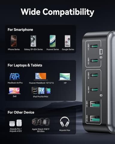 270W USB C Charger Block, Rocoren 6 Port Multi USB-C Charging Station,100W PD Fast USBC Gan Charger Station Hub Dock for Multiple Devices, Laptop Type C for MacBook/iPhone 17/iPad/Galaxy S25 - Image 7