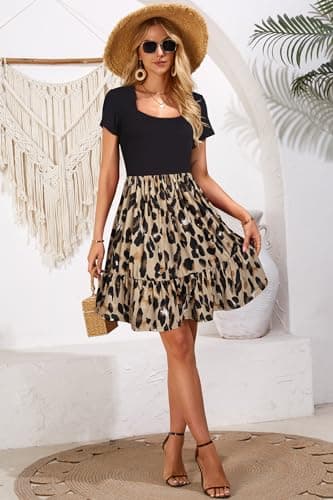 Newshows Summer Work Dresses for Women 2025 Short Sleeve Square Neck Modest Teacher Outfits Dresses Casual Beach Church Funeral A-Line Ruffle Sundress Trendy with Pockets(Leopard Black Floral,M) - Image 4