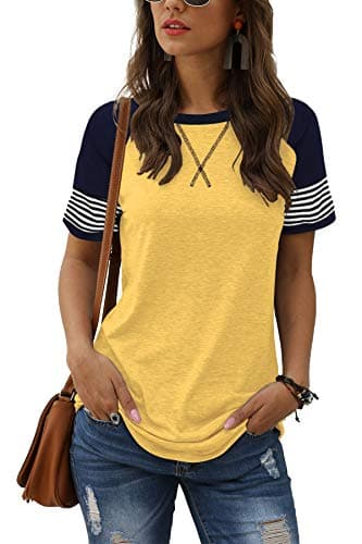 Adibosy Women Summer Casual Shirts: Short Sleeve Striped Tunic Tops - Womens Color Block Tee Tshirt Blouses Yellow XL - Image 1