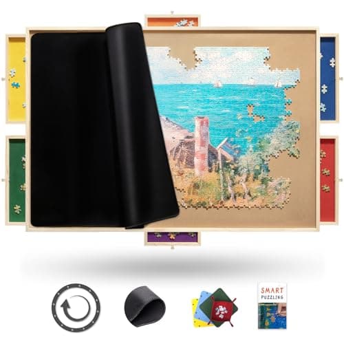 Rnice 1500 Piece Rotating Puzzle Board Pro, with 6 Drawers, Rubber Cover Mat, 34" x 25", 360° Lasy Susan, Sort-Wise Colorful Felt Drawers & 4 Trays, Wooden Jigsaw Puzzle Table, Birthday Gifts for Mom - Image 1