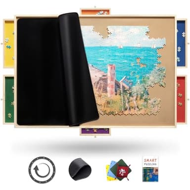 Rnice 1500 Piece Rotating Puzzle Board Pro, with 6 Drawers, Rubber Cover Mat, 34" x 25", 360° Lasy Susan, Sort-Wise Colorful Felt Drawers & 4 Trays, Wooden Jigsaw Puzzle Table, Birthday Gifts for Mom - Image 1