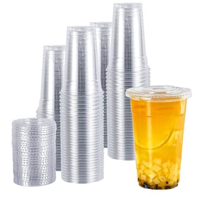 TashiBox plastic cups with lids [24 oz 100cups&100flat lids],Clear Crystal disposable plastic cups,smoothie cups - Image 1