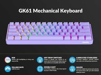 Geeky GK61 60% | Hot Swappable Mechanical Gaming Keyboard | 61 Keys Multi Color RGB LED Backlit for PC/Mac Gamer | ANSI US American Layout (Lavender, Mechanical Blue) - Image 5