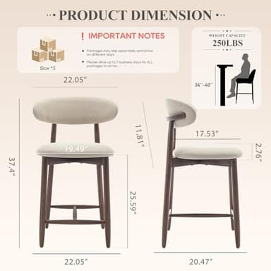 COLAMY Counter Height Bar Stools Set of 3, Kitchen Bar Stools with Back, Mid Century Modern Upholstered, with Wood Legs for Kitchen Island Dining Room Bar, Beige - Image 2