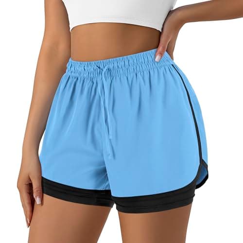 Yevrimow Women's 2 in 1 Running Shorts for Gym Yoga Workout Athletic Shorts High-Waisted Shorts with Liner Pockets Light Blue-XL - Image 1