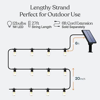 Brightech Ambience Pro Solar Powered Outdoor String Lights -27 ft Commercial Grade Waterproof Edison Patio Lights, Shatterproof LED String Lights for Outside, Porch - 12 Bulbs, 1W Soft White - Image 4