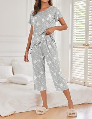 Ekouaer 2 Pack: Womens Pajamas Short Sleeve Sleepwear Tops and Capri Pants Pjs Print Pajama Sets Pink Stripe Grey Stars L - Image 2
