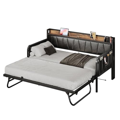 LIKIMIO Daybed with Trundle Bed, Twin Bed Frame with Storage Headboard and Charging Station, Sofa Day Bed with Strong Supports for Living Room, Bedroom, and Guest Room, Black - Image 1