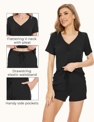 GYS Short Pajama Set for Women V-Neck Short Sleeve Top and Pj Shorts Sleepwear, Viscose Made from Bamboo,Black,X-Large - Image 4