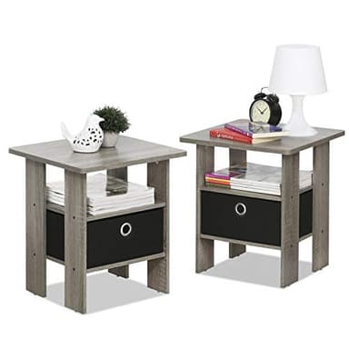 Furinno Andrey Set of 2 End Table / Side Table / Night Stand / Bedside Table with Bin Drawer, French Oak Grey - Image 4