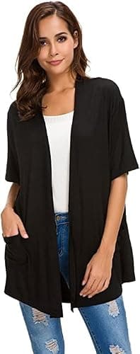 ADANIKI Womens Short Sleeve Open Front Lightweight Casual Comfy Long Line Drape Hem Soft Modal Cardigans Sweater with Two Pockets (Black, XXL) - Image 3
