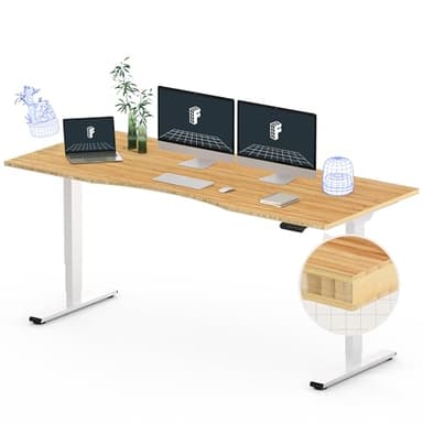FLEXISPOT E6 Essential Bamboo 3 Stages Dual Motor 72x30 Inch Electric Height Adjustable Standing Whole-Piece Board Desk Sit Stand Up Desk (White Frame + Bamboo Curved Desktop) - Image 1