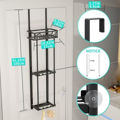HapiRm Towel Rack Bathroom Storage - 3 Tier Over The Door & Wall Mounted Rolled Towel Racks Holder Organizer with Metal Shelf and 6 Hooks for Small Bathroom, Camper, Rv - Black - Image 7