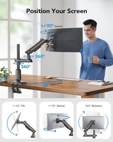 HUANUO Heavy Duty Monitor Arm for Ultrawide Screens up to 49", Holds 40 lbs, Aluminum Ultrawide Single Monitor Stand with 29.1" Max Height, Fully Adjustable Desk Mount, Max VESA 100x100mm - Image 5