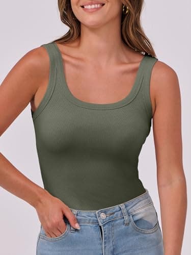 ANRABESS Womens Sleeveless Scoop Neck Tank Top Ribbed Fitted Summer Basic Slim Cute Tops 2025 Army Green Large - Image 3