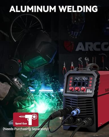 ARCCAPTAIN MIG Welder, 200Amp 6 in 1 Gas MIG/Gasless Flux Core MIG/Stick/Lift TIG/Spot welding/Spool Gun 110V/220V Aluminum Multi Process Welding Machine with LED Digital Display, Burn Back Adjustment - Image 6