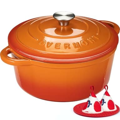 Overmont Enameled Cast Iron Dutch Oven - 5.5QT Pot with Lid Cookbook & Cotton Potholders - Heavy-Duty Cookware for Braising, Stews, Roasting, Bread Baking orange - Image 1