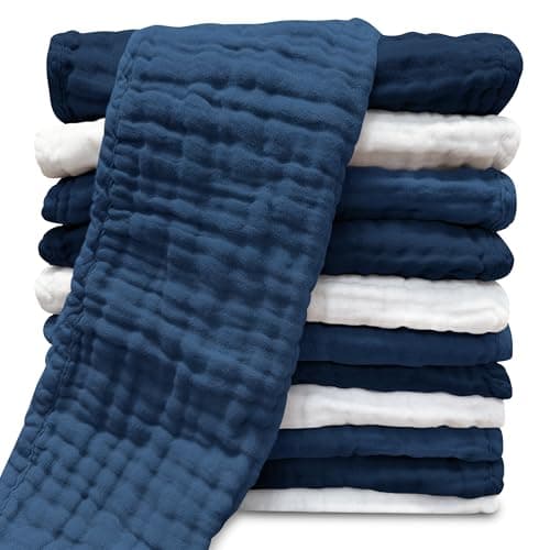 Muslin Burp Cloths for Baby 100% Cotton Burping Cloths for Unisex, Boy, Girl - Large 20'' by 10'' Newborn Essentials Ultra Soft Absorbent Milk Spit Up Rags - 12 Pack - White+Deep Navy Series - Image 1