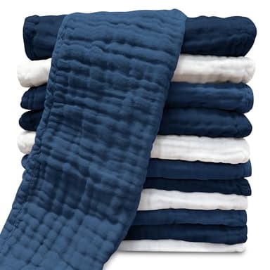 Muslin Burp Cloths for Baby 100% Cotton Burping Cloths for Unisex, Boy, Girl - Large 20'' by 10'' Newborn Essentials Ultra Soft Absorbent Milk Spit Up Rags - 12 Pack - White+Deep Navy Series - Image 1
