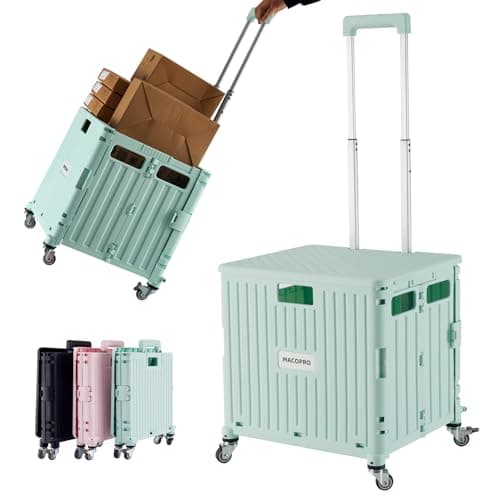 MACOPRO Folding Utility Cart Portable Rolling Crate Handcart Shopping Trolley Collapsible Tool Box, with Lid, Basket on 4 Rotate Wheels, for Grocery, Office, Teacher, Travel Shop Move Luggage (Green) - Image 1