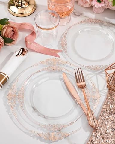Nervure 350PCS Rose Gold Plastic Plates - Rose Gold Plastic Dinnerware Sets for 50 Guests - 100 Disposable Plates, 150 Silverware, 50 Cups, 50 Napkins for Wedding & Party - Image 6