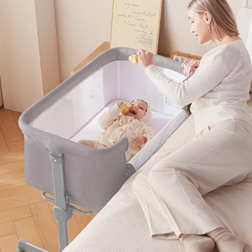 Larex Baby Bassinet, 3 in 1 Bassinets Bedside Sleeper for Newborn, Portable Crib Adjustable 7 Height Bedside Bassinet with Mattress and Wheels Light Grey - Image 1