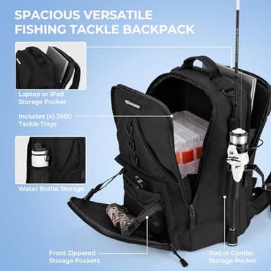 KastKing KarryAll Fishing Tackle Backpack with Rod Holder 4 Tackle Boxes,40/26L Tackle Bag Storage Fishing Gear and Equipment,Black,Medium - Image 3