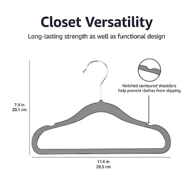 Amazon Basics Kids Velvet, Non-Slip Clothes Hangers for Infant and Toddler, 11.6 inches (for baby clothes), Pack of 50, Gray - Image 4