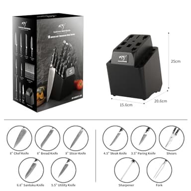 18 Pieces Damascus Kitchen Knife Set, 8 Piece Steak Knives, Non-slip ABS Ergonomic Triple Rivet Handle for Meat Fork, Knife Sharpener and Shears, 17 Slots Wooden Knife Block - Image 8