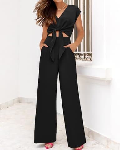 PRETTYGARDEN Women's Summer 2 Piece Outfits 2025 Cap Sleeve V Neck Belted Crop Tops Wide Leg Pant Sets Casual Tracksuit(Solid Black,Large) - Image 6