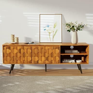 Bme Georgina Solid Wood, 10 Minutes Assembly Entertainment Center with Storage Geometric Pattern Console for Living, Bedroom, Dining Room, TV Stand 65 Inch, Teak Brown - Image 2