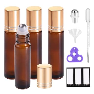 PrettyCare 4 Pack, 10 ml Essential Oil Roller Bottles with Stainless Steel Roller Ball - Refillable Leak-proof Empty Thick Amber Glass Roll on Bottles with Metal Caps for Travel, Perfume - Image 1