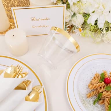 DaYammi 350PCS Gold Plastic Dinnerware Set for 50 Guests, Fancy Disposable Plates for Party, Include: 50 Dinner Plates, 50 Dessert Plates, 50 Pre Rolled Napkins with Gold Silverware, 50 Cups - Image 3