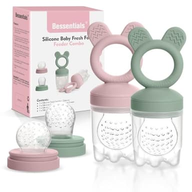 Bessentials Baby Fresh Fruit Food Feeder - 2 Pack Silicone Mesh Feeders for Infant Safe Self Feeding |3 Sizes Food Pouches Included| Suitable for Baby 4m+ (Light Pink & Grass Green) - Image 1