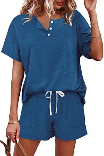 WIHOLL 2 Piece Vacation Outfits for Women Beach V Neck Tops and Bottoms Set Blue XL - Image 1