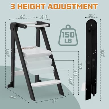 Taleco Gear Foldable Toddler Kitchen Stool Helper, Tower with 3 Adjustable Height, Wooden Toddler Step Stool, Collapsible Tower, Kids Stool for Kitchen and Bathroom - Image 5