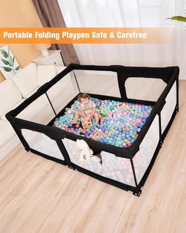 Foldable Baby Playpen with Gate, Extra Large Collapsible Play Yard for Babies & Toddlers, Portable Travel Playpen, Baby Activity Center for Indoor & Outdoor Use (Black 59"×71") - Image 3