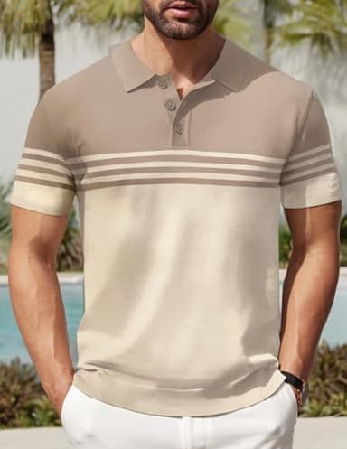 COOFANDY Mens Striped Polo Shirts Short Sleeve Striped Textured Pullover Golf Polo T Shirts, Khaki and Beige, X-Large - Image 6