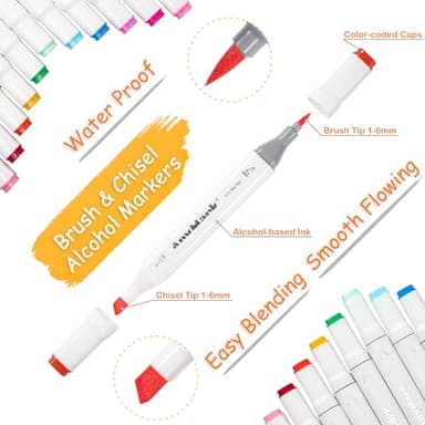 AnyMark Alcohol Markers Brush Tip, 100+1 Colors Dual Tip Brush & Chisel Alcohol-Based Art Markers Set with Case for Adult Artists Drawing Coloring - Image 4