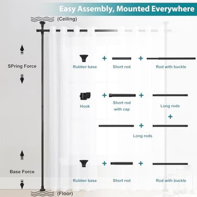 Room Divider, No Drilling Curtain Rods Hanging Wall Divider for Room Separation, 120” Tall 114” Wide Adjustable Floor to Ceiling Partition Room Dividers, Heavy Duty Corner Room Divider Curtain Rods - Image 7