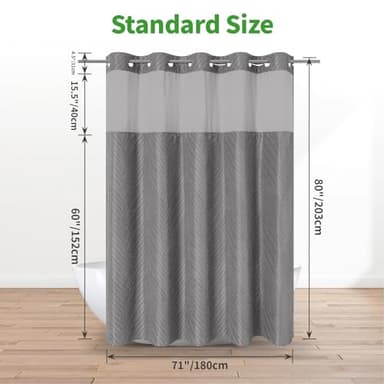 eachope no Hook Shower Curtain and Liner Set，Boho Style with See Through Top Window, Black Fabric Tufted Striped Textured Outer Curtain & Waterproof Inner Liner, Grey/Gray, 71Wx80H - Image 7