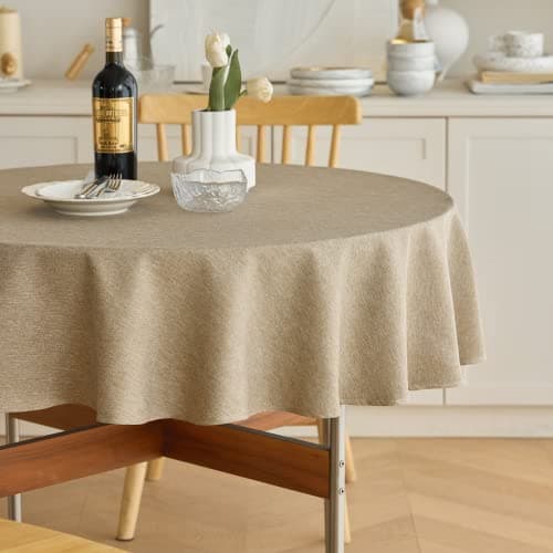 Decorelia Waterproof Faux Linen Farmhouse Round Table Cloth for Indoor/Outdoor, Decorative Rustic Fabric Tablecloth Cover for Party Picnic Dining & Kitchen Table (60 Inch, Round (2-4 Seats), Natural) - Image 1