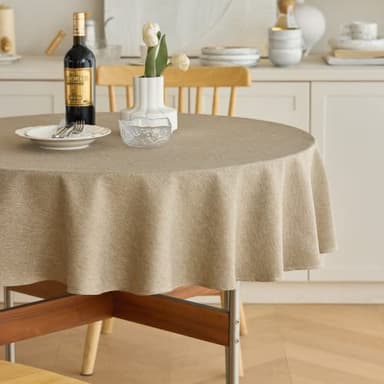 Decorelia Waterproof Faux Linen Farmhouse Round Table Cloth for Indoor/Outdoor, Decorative Rustic Fabric Tablecloth Cover for Party Picnic Dining & Kitchen Table (60 Inch, Round (2-4 Seats), Natural) - Image 1