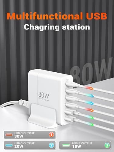 TOPADRE USB C Charger Block 80W, 6 Port Fast Charging Station Powered USB C Hub PD Charger for iPhone 15/14/13 Pro Max, iPad Pro/Air/Mini, for Samsung Galaxy S24, MacBook Pro/Air, White - Image 3