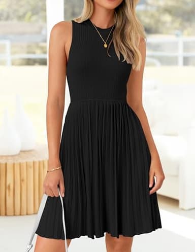 ZESICA Women's Summer Sleeveless Mini Dress 2025 Crewneck Knit A Line Pleated Swing Casual Basic Short Dress,Black,Small - Image 2
