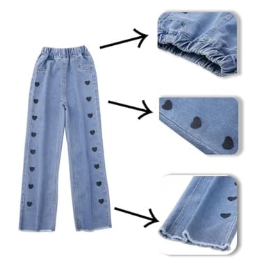 NABER Kids Girls Casual Wide Leg Denim Pants Heart Pattern Elastic Waist Jeans Size 4-14 Years (Blue2, 9-10 Years) - Image 4