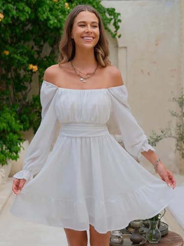 EXLURA Women Tie Back Wedding Guest Dresses Long Lantern Sleeve Square Neck Ruffle Elastic Waist Aline Casual Mini Dress - Image 2