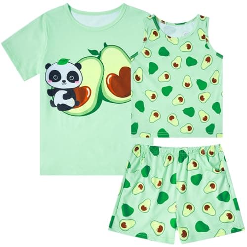 uideazone Pajamas for Girls Size 9-10 Cute Acocado 3 Pieces Nightwear Kids Pjs Set Cute Tank Top Shorts Sleepwear Soft Loungewear - Image 1