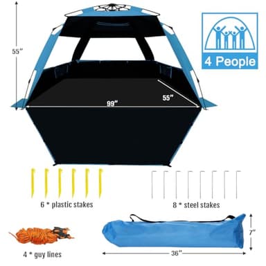 WhiteFang XL Pop Up Beach Tent Sun Shade Shelter for 3-4 Person with Blackout Shelter, UV Protection, Extendable Floor with 3 Ventilating Windows Plus Carrying Bag, Stakes, and Guy Lines (Solid Blue) - Image 6